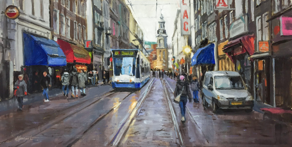 amsterdam stadgezicht schilderij kunst straat tram auto