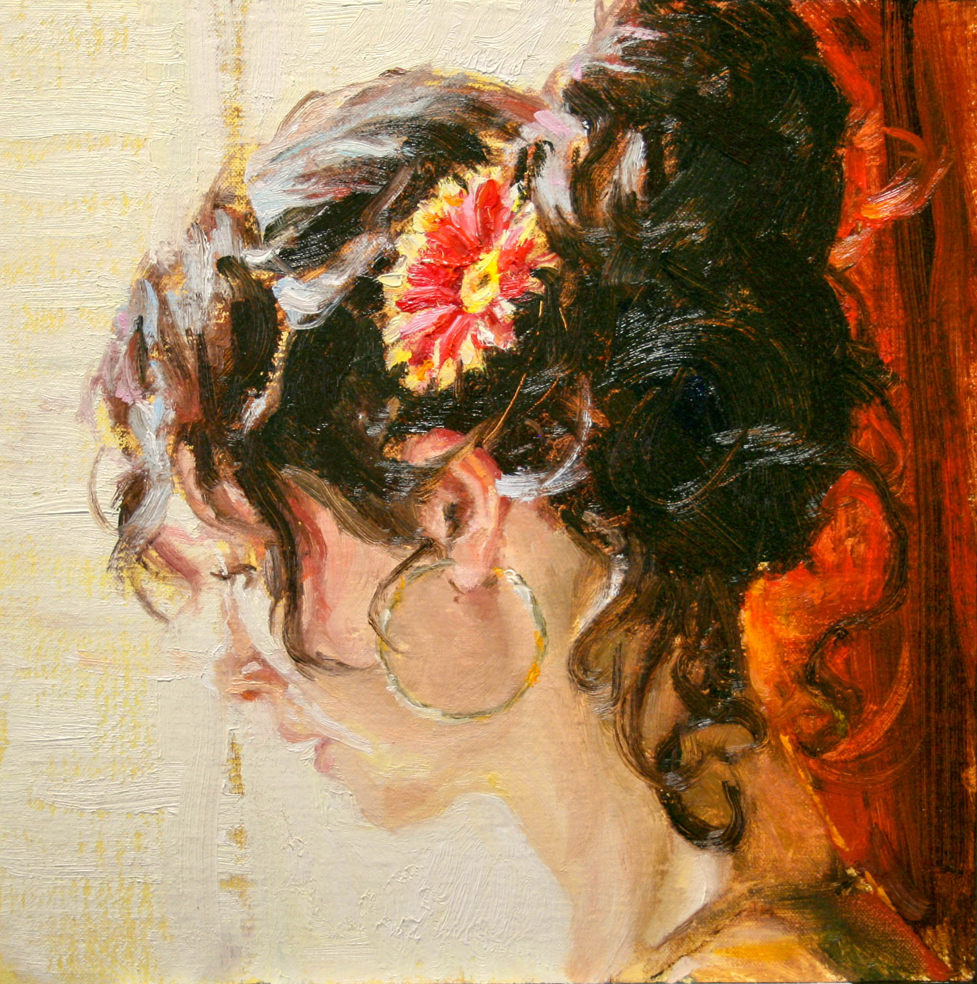 portret schilderij vrouw hoofd bloem in haar