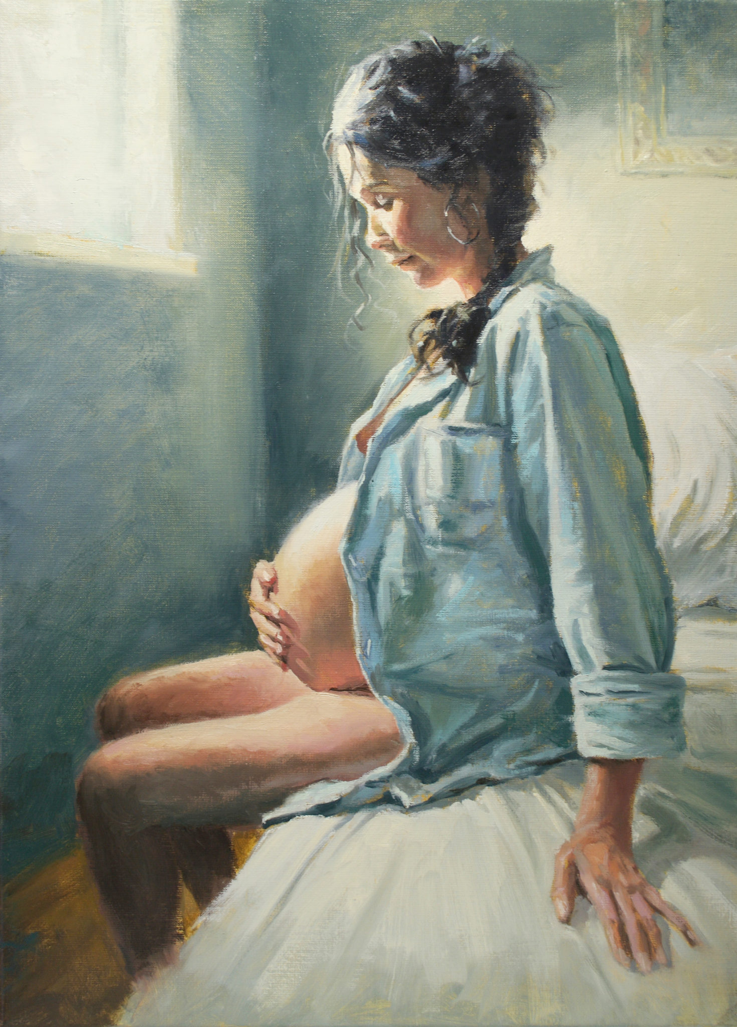 Portret in opdracht schilderij vrouw op bed zwanger