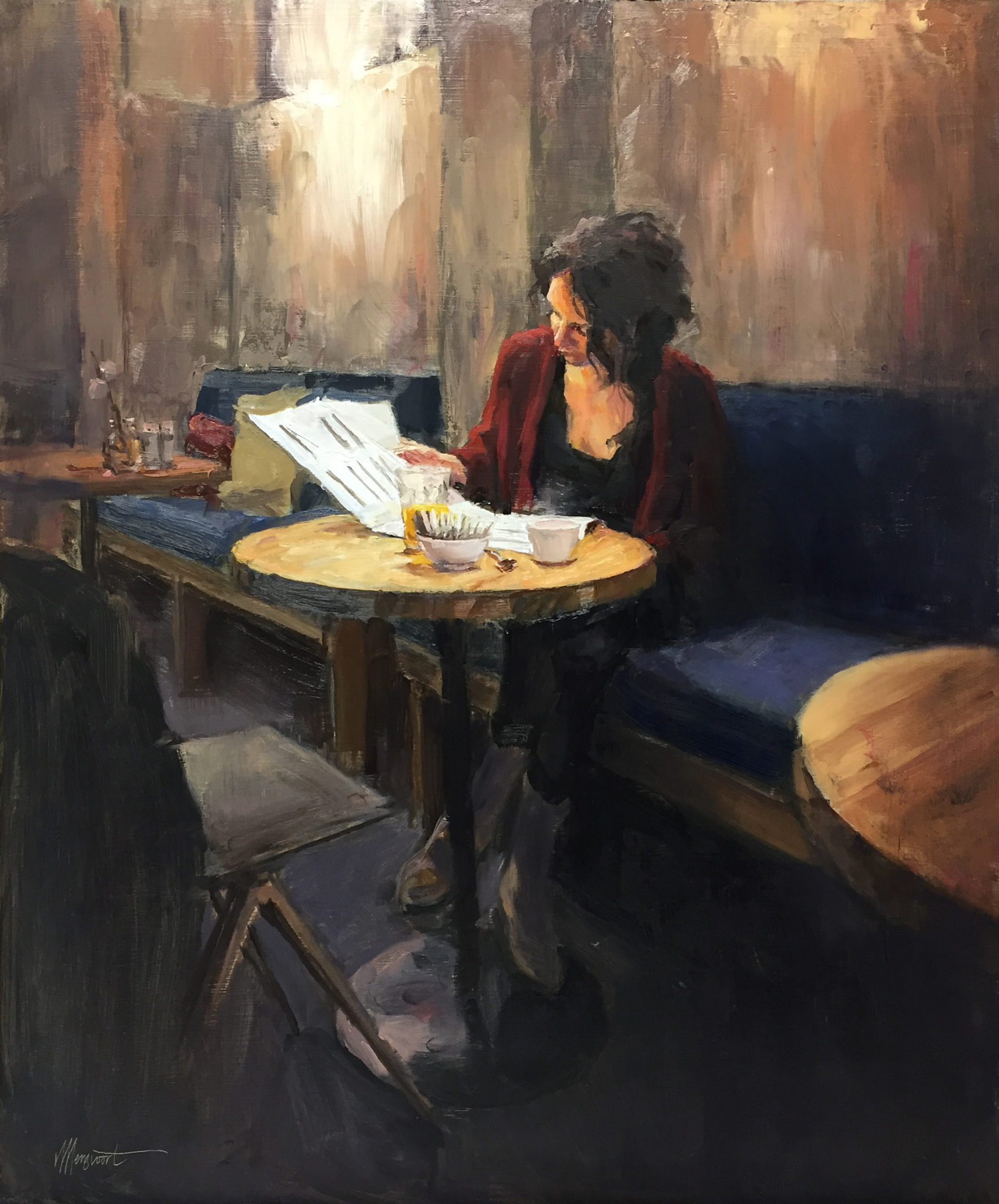 schilderij vrouw café koffie lezen krant