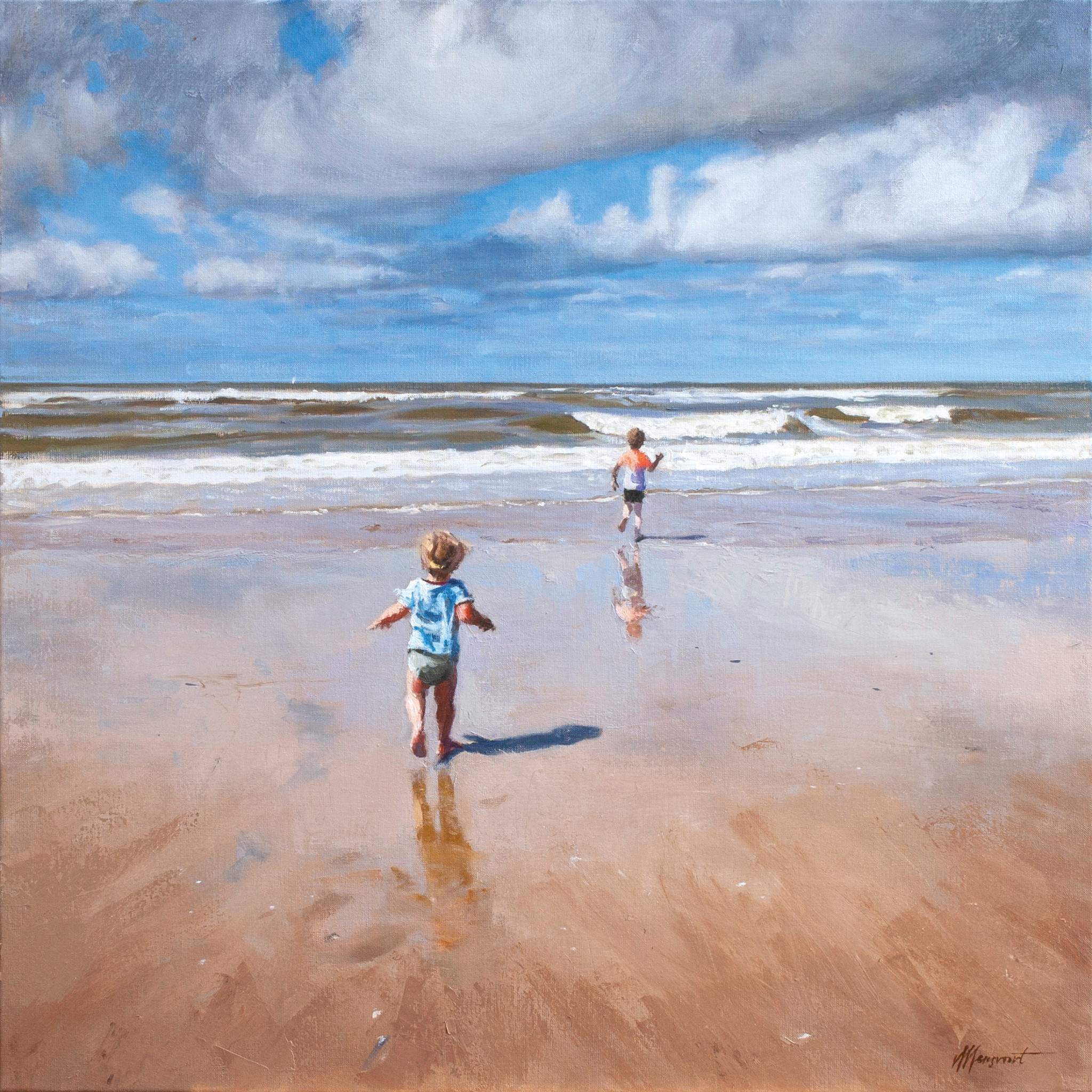 Zachte voeten saai Riet Schilderij kinderen op het strand - Richard van Mensvoort kunstschilder