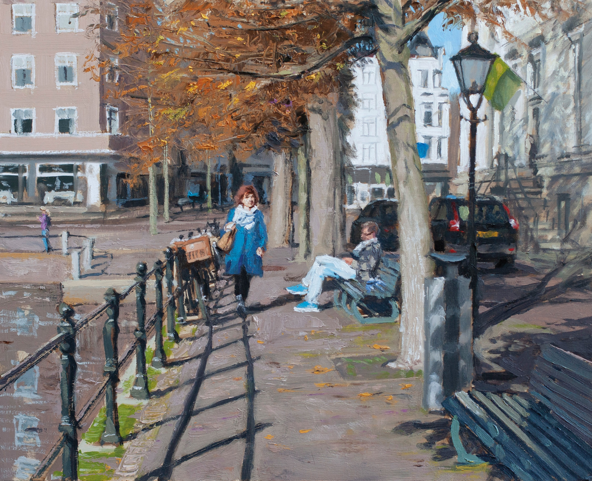 schilderij stadsgezicht den haag hofvijver herfst bomen mensen straat