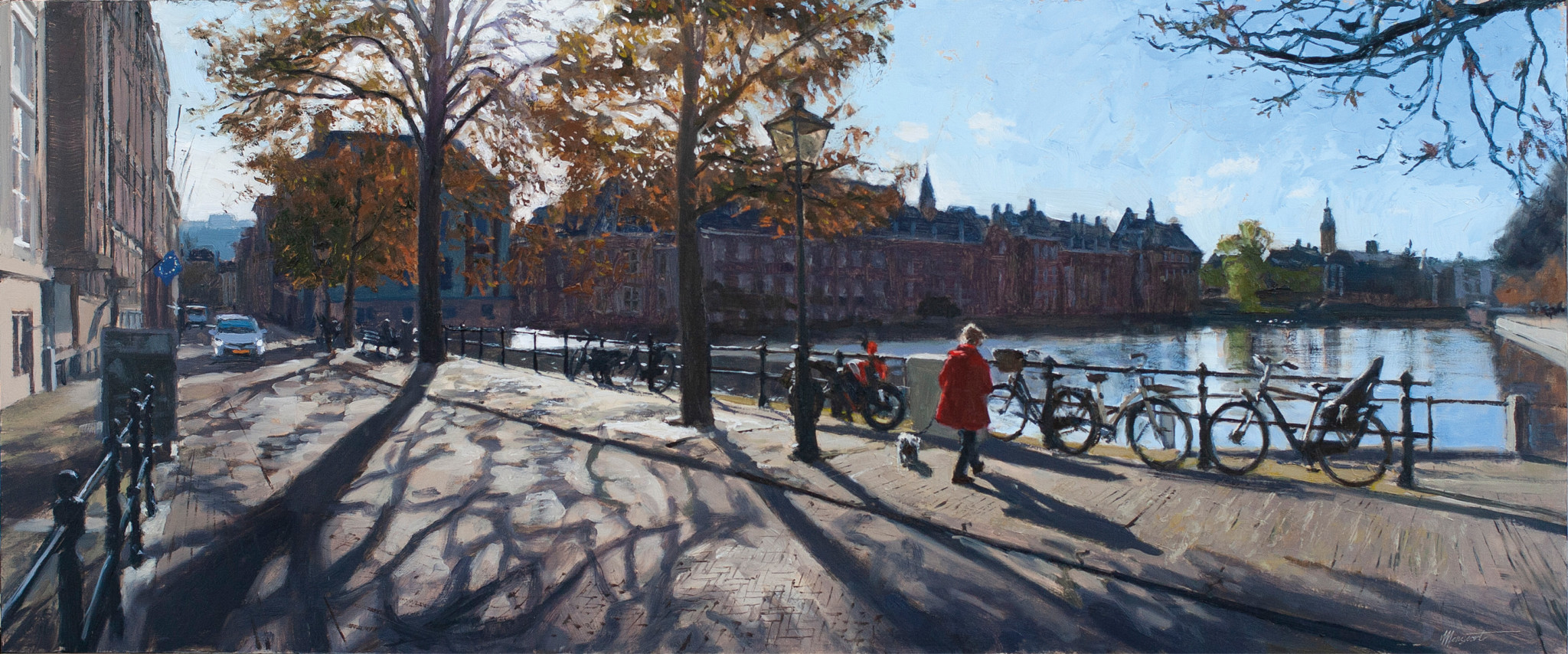 schilderij stadsgezicht den haag hofvijver herfst tegenlicht schaduwen