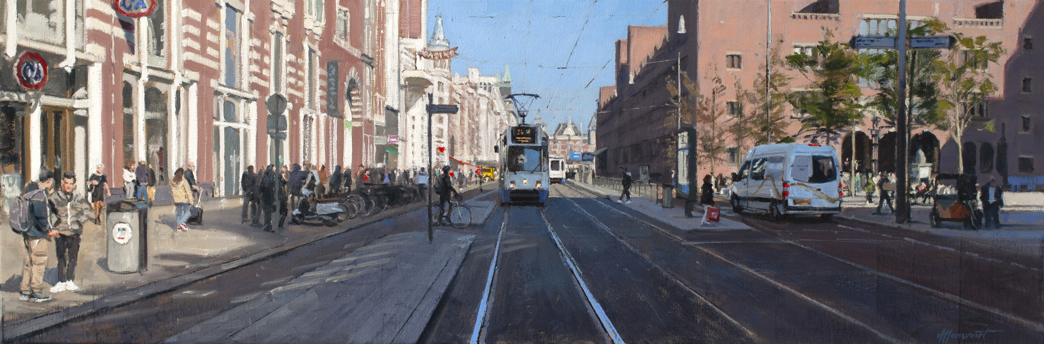 schilderij stadsgezicht amsterdam damrak trams