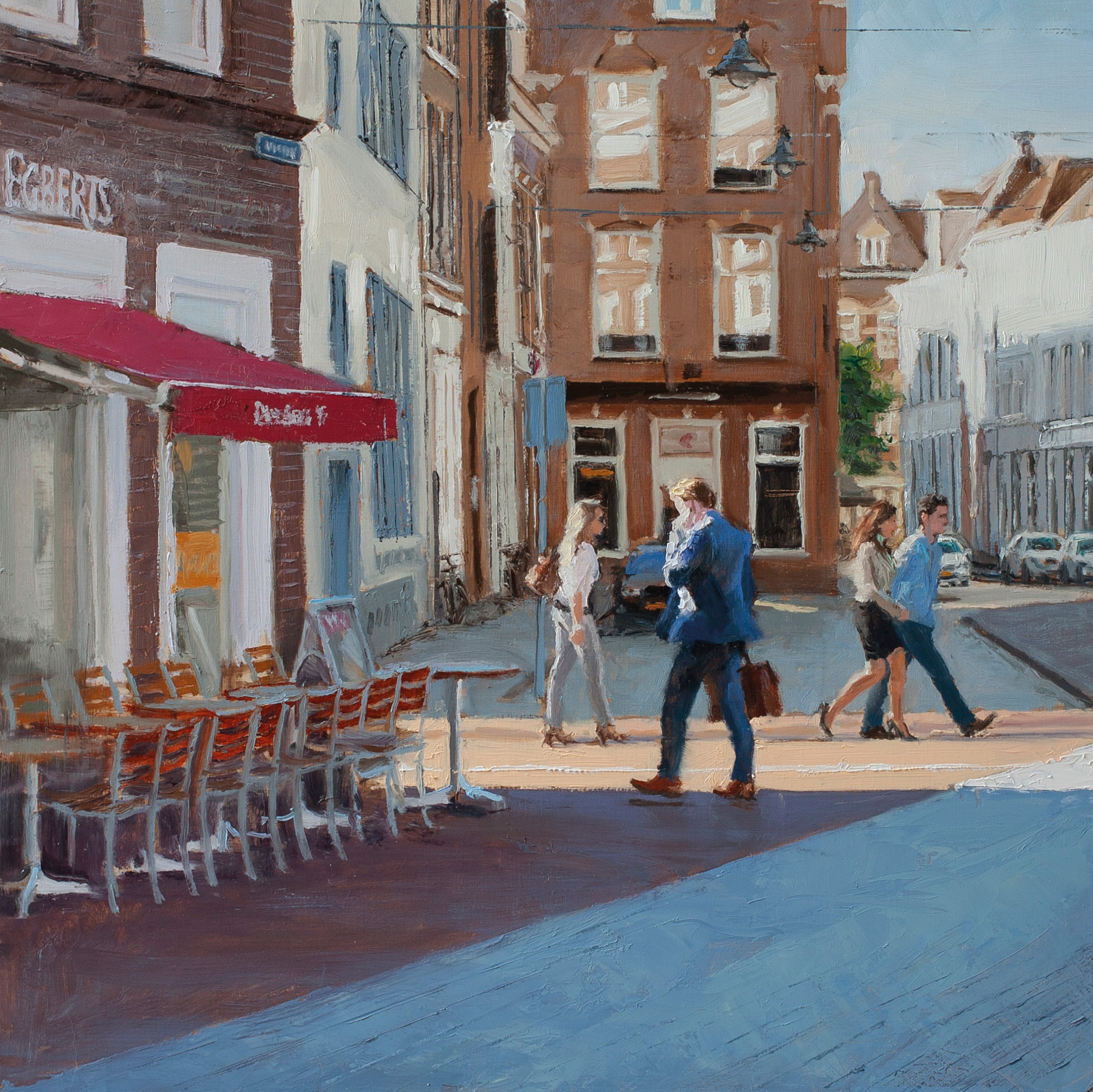 schilderij stadsgezicht den bosch kruisstraat mensen ochtendlicht