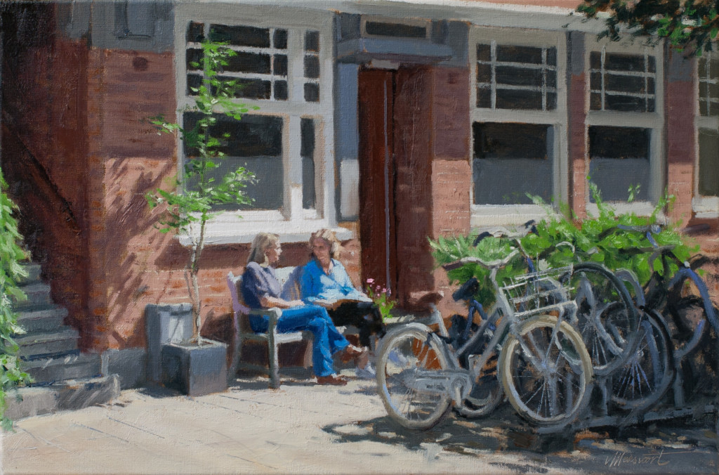 schilderij mensen op bankje op stoep voor huis in Amsterdam