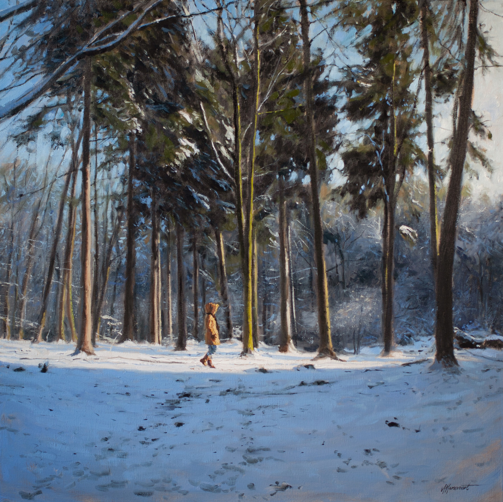 schilderij van een besneewd bos met in de verte loopt een vrouw in winterjas met capouchon